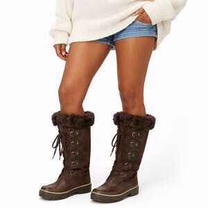 Khombu Brown Suede Winter Boots | Faux Fur Lined Lace-Up | Calf High